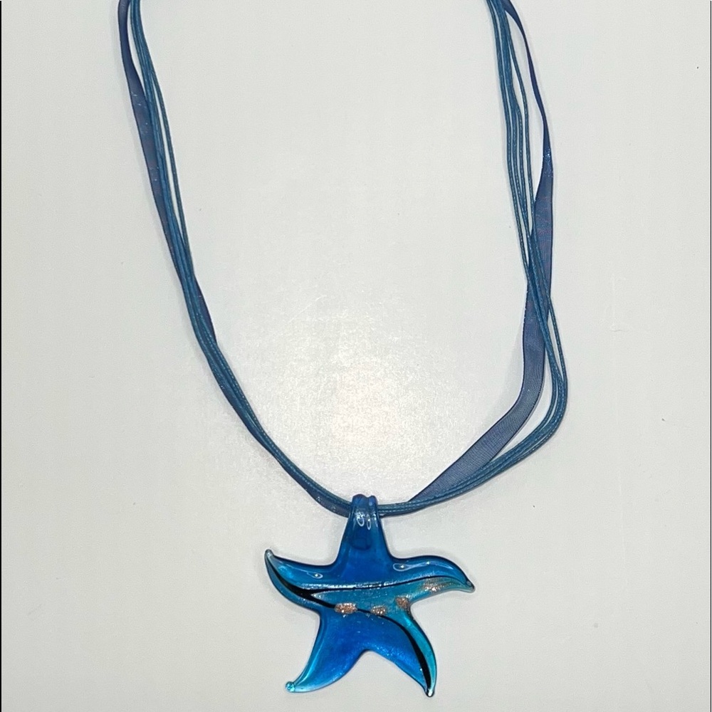 Venetian/Murano blue Star Glass Necklace with a blue ribbon From Italy